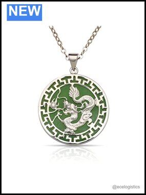 Solid Sterling Silver Green Jade Dragon Necklace 25mm Medallion